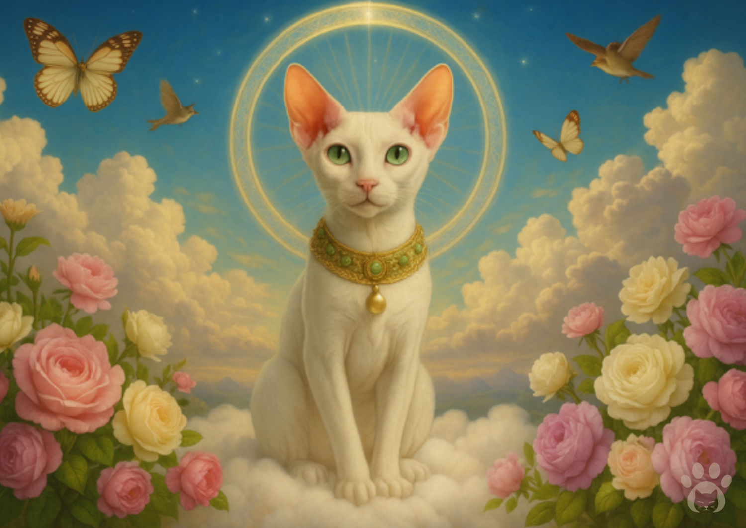 White Devon Rex cat with a halo and gold necklace sitting in heaven surrounding by roses, clouds, and butterflies. ,