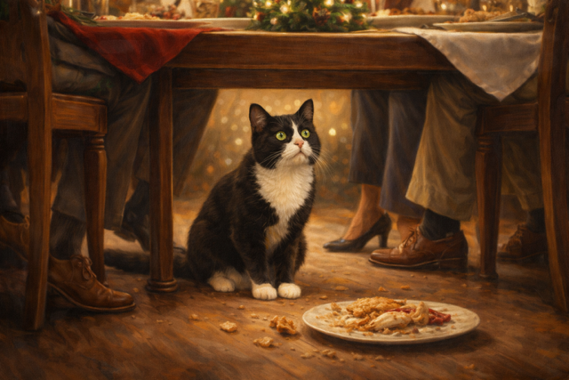 Cat sitting under Christmas table waiting for food scraps