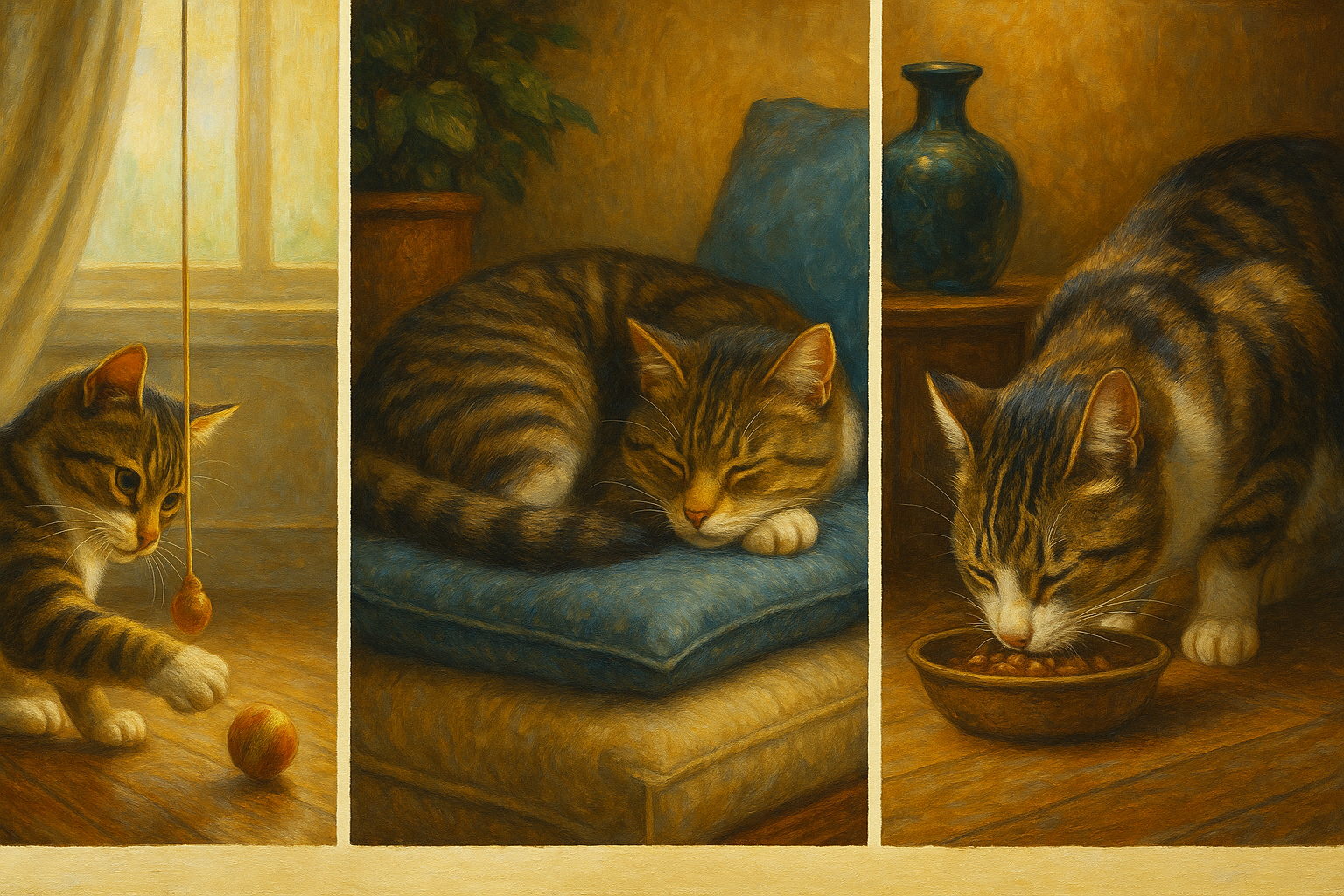 Collage portraying cat's routine; playing, sleeping and  eating.