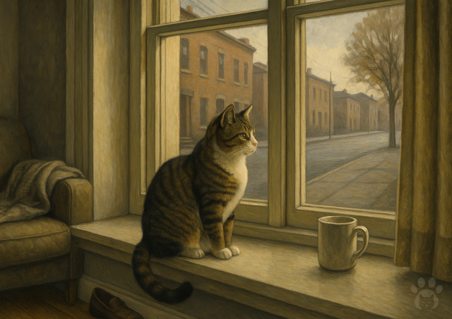 Tabby cat sits on a windowsill looking through the window and waiting for his owner to return.