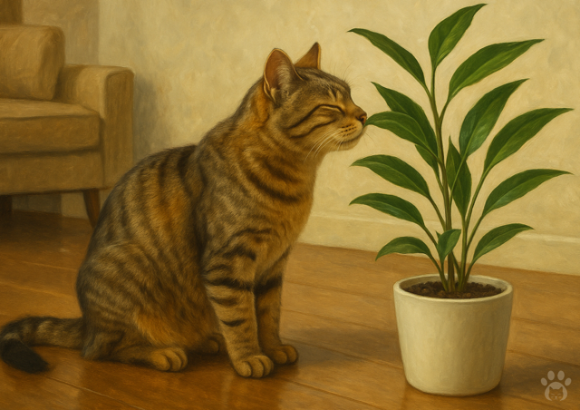 Tabby cat sniffing the plant in a bright living room.