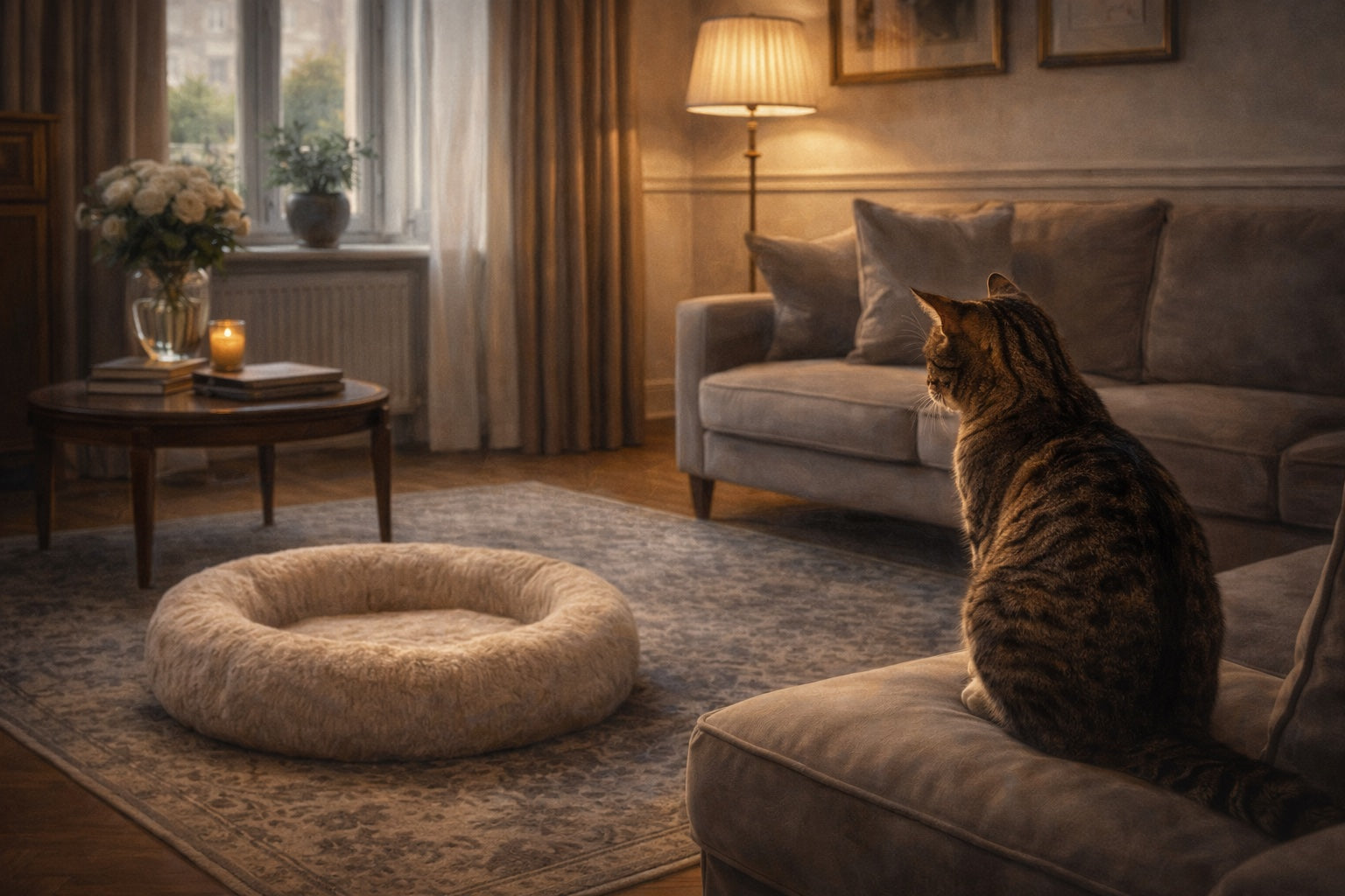 tabby cat sitting on the couch and looking at an empty pet bed