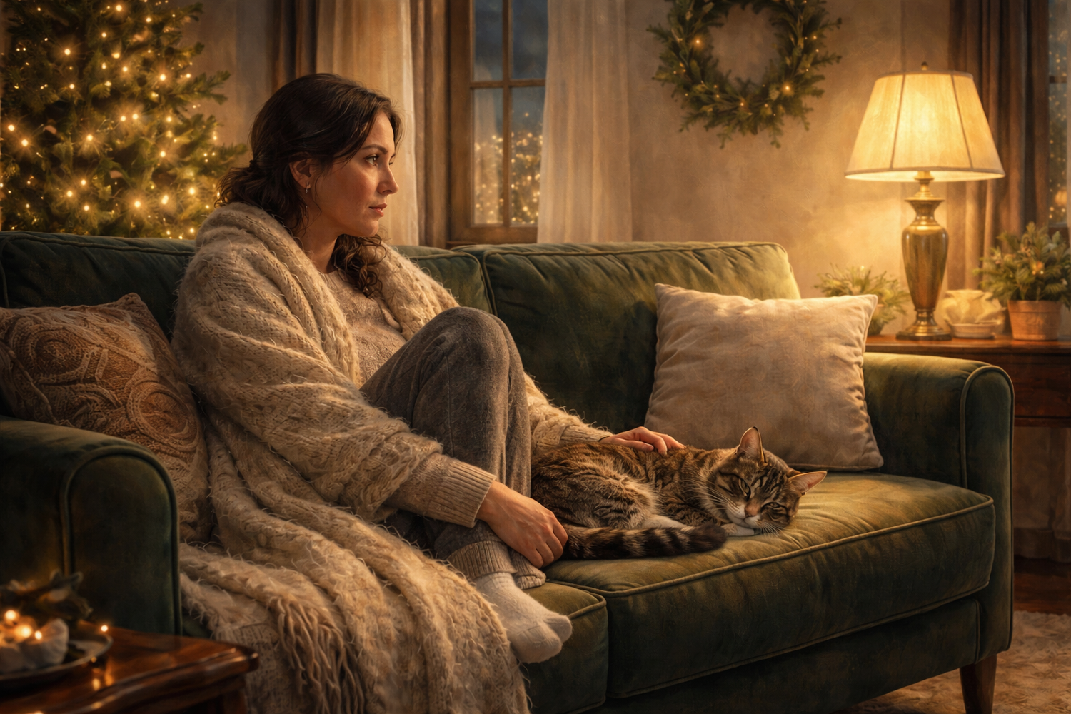 Lonely woman sits in a living room with Christmas decorations with her cat nearby