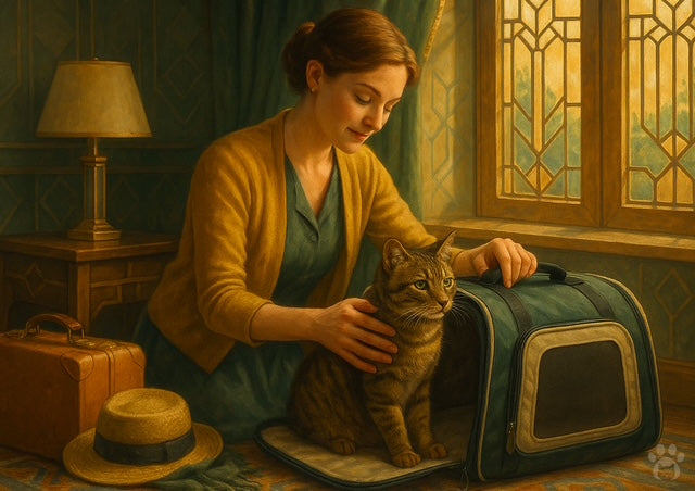 A woman preparing her cat for travel