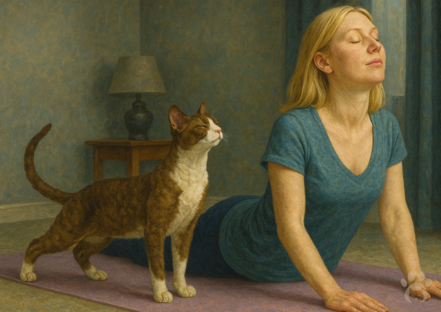 Woman stretching on yoga mat with a brown and white tuxedo Devon Rex cat.