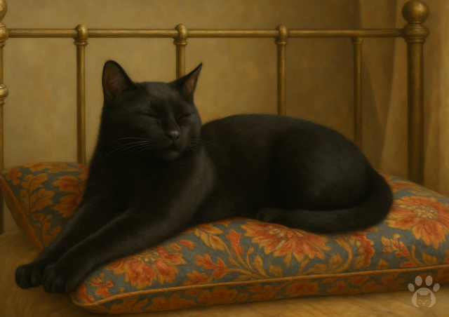 Black cat lying with its eyes closed on a decorative pillow on a bed with metal frame.