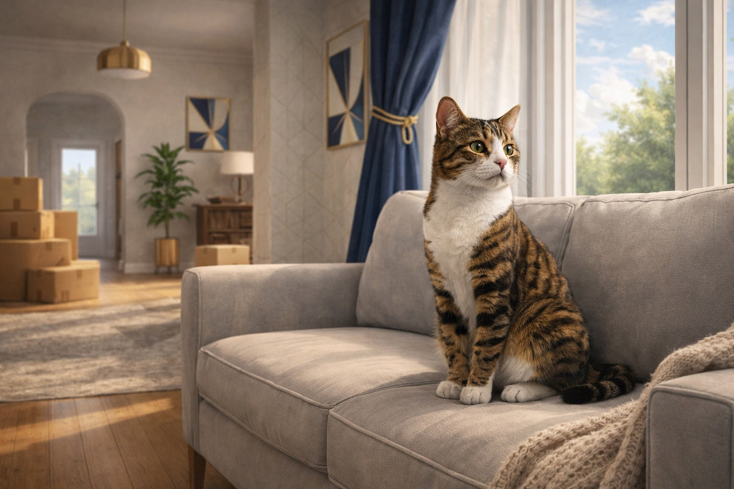Tabby cat sitting vigilant on a grey sofa in a new home