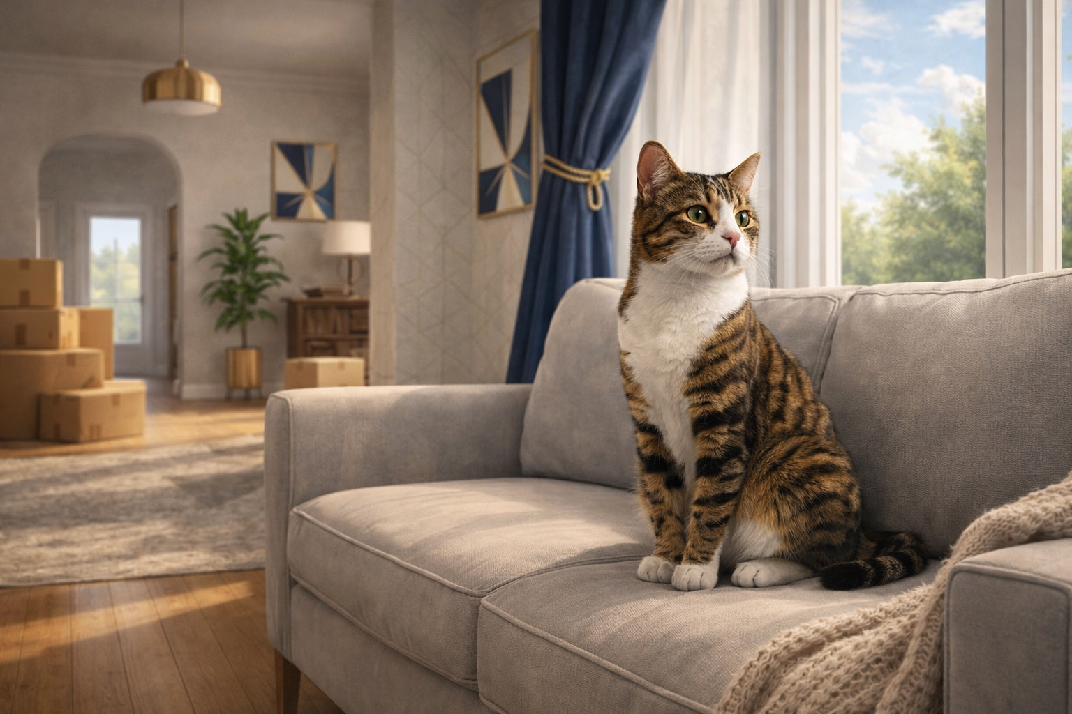 Tabby cat sitting vigilant on a grey sofa in a new home
