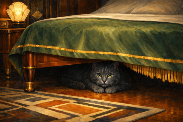 Russian Blue cat hidden under the bed in a cozy art deco bedroom