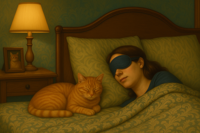 Ginger cat sleeping next to a woman in a cozy art deco bedroom.