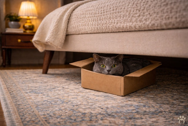 Russian Blue cat sits in a small cardboard box under the bed.