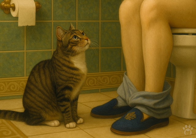 Tabby cat with white chest sitting in an art-deco bathroom facing his owner sitting on the toilet.