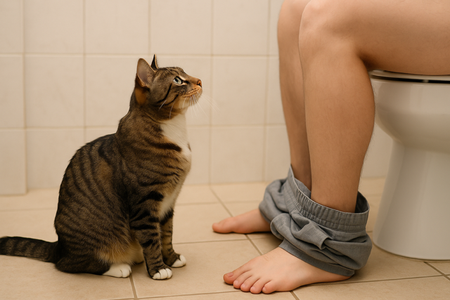  Tabby tuxedo cat sitting in the bathroom in front of his owner who sits on the toilet.
