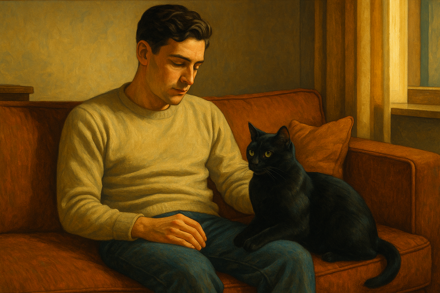 Man sitting quietly at home with his black cat nearby, illustrating the everyday emotional bond between cats and their owners.