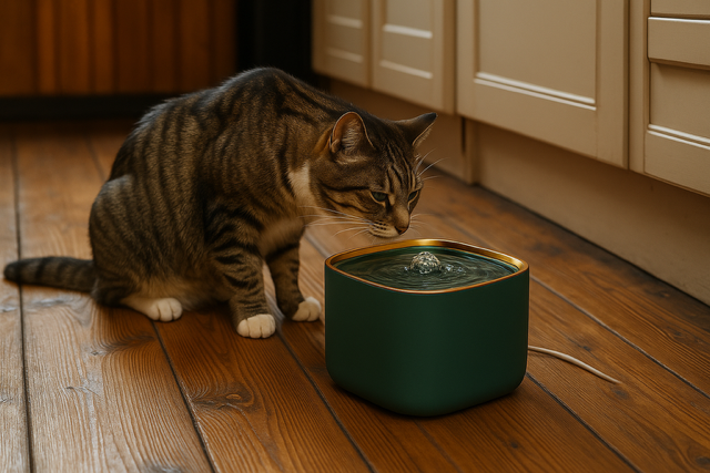 Tabby cat drinking from green water fountain for cats.