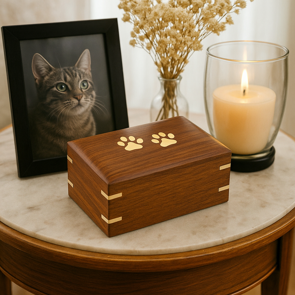 Wooden cremation box for pet ashes displayed on a marble table with a framed photo of a cat and a burning candle behind.