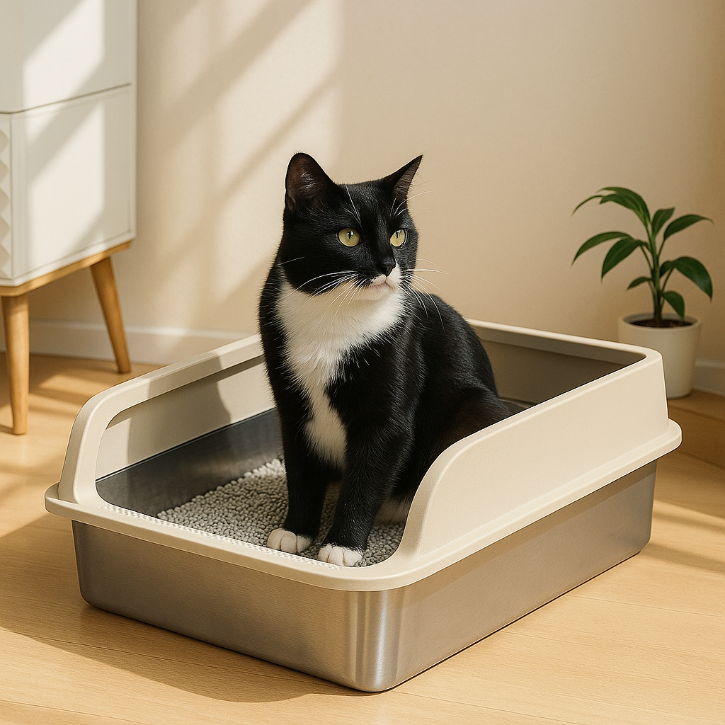 Siamese cat sitting in portable cat litter box inside a tent.