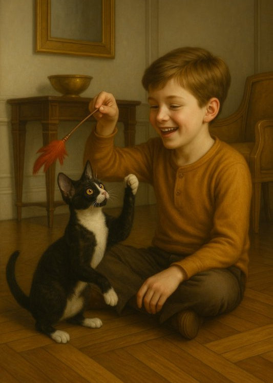 Smiling young boy playing with a youthful black and white kitten using a feather toy in a cozy room, capturing the spirit of play, connection  and happiness between children and cats. A moment of joyful  bonding from the Gentle Purrs collection.