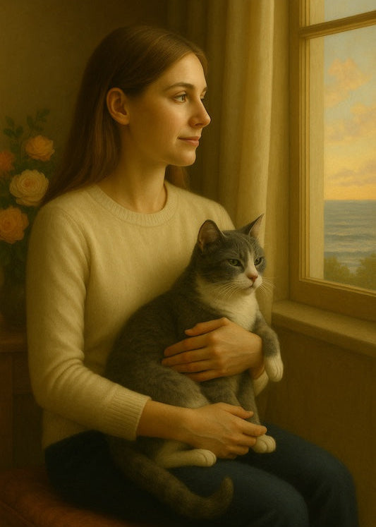 Woman lovingly holding her old cat while gazing out the window, capturing a serene farewell moment - symbolising pet loss, cat grief and healing. Part of Sacred Goodbyes collection from Gentle Purrs,.