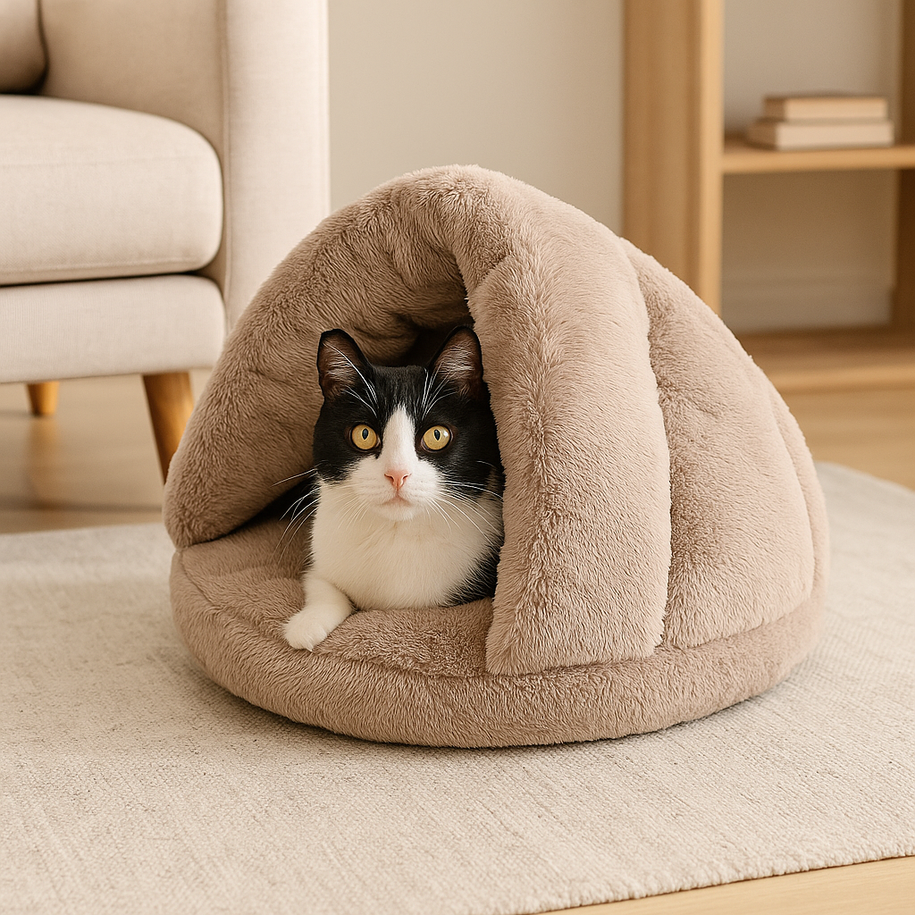 Plush igloo cat bed for anxious cats with a black and white cat sitting inside, displayed in a cozy living room