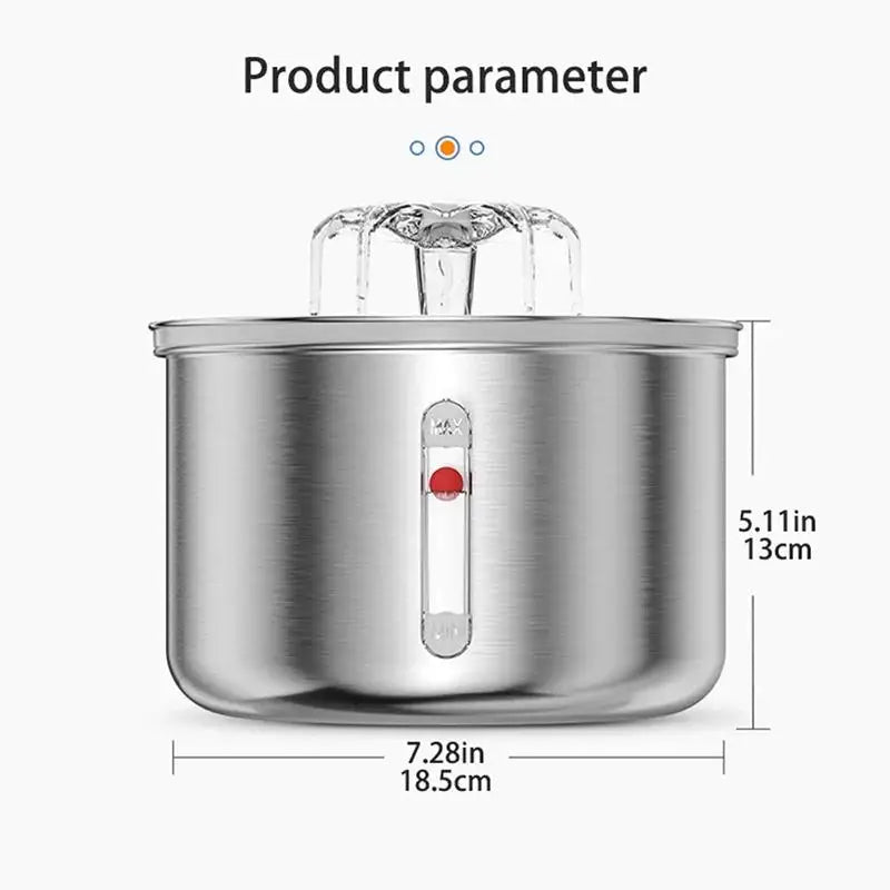 2L stainless steel water fountain for cats with displayed product parameters.