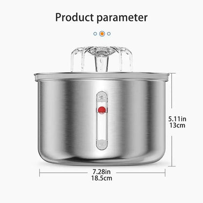 2L stainless steel water fountain for cats with displayed product parameters.