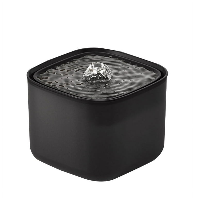 Black pet water fountain with water flowing on a white background