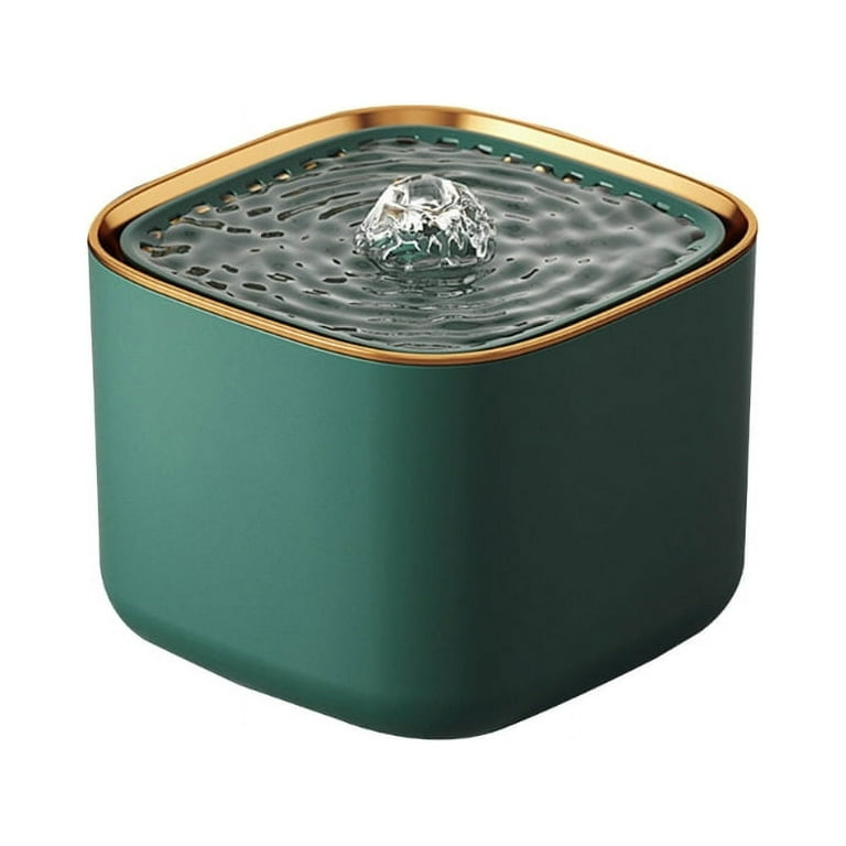 Green pet water fountain with gold rim on a white background