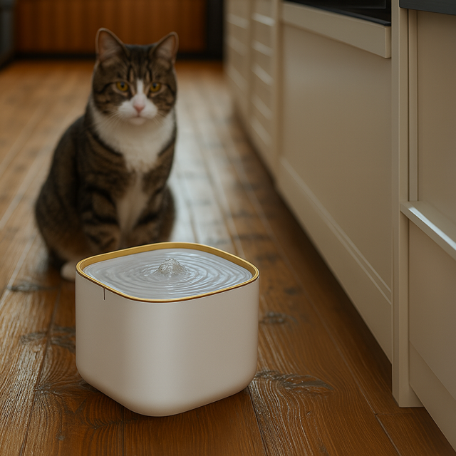 Tabby tuxedo cat sitting on a wooden floor next to a white pet water fountain in a kitchen.