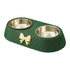 Green stainless steel cat bowl with a bow design displayed on a white background.