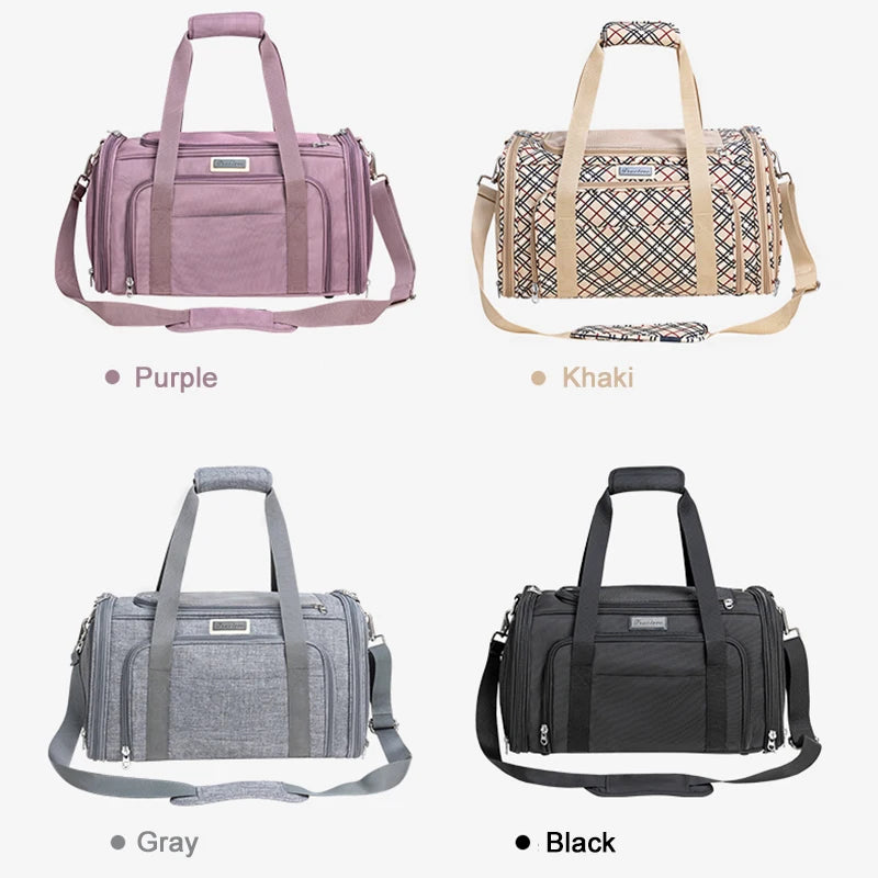 Four pet carrier bags in different colours (Purple, Khaki, Grey, Black) on a white background.