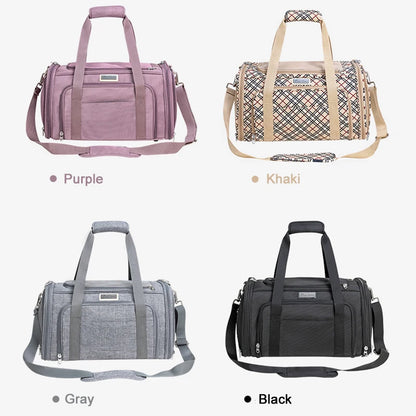 Four pet carrier bags in different colours (Purple, Khaki, Grey, Black) on a white background.