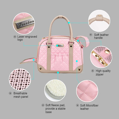 Pink pet carrier with features highlighted on a gray background