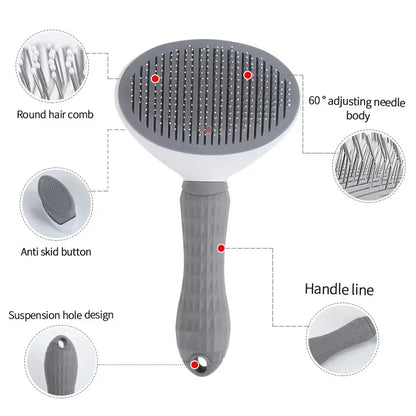 Grey self-cleaning slicker brush for cats with labeled features including round-tipped bristles, 60-degree adjustable needle body, anti-skid button, suspension hole, and textured handle grip.