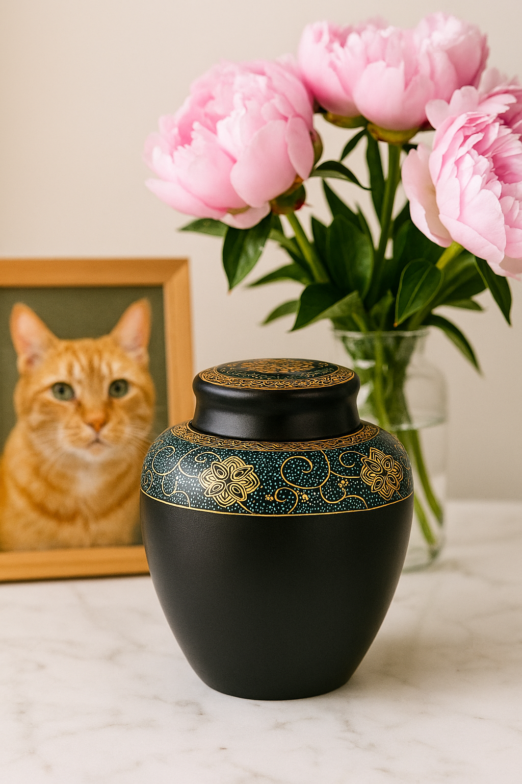 Decorative black urn for pet ashes standing on a marble surface with pink peonies and framed photo of a cat in background.