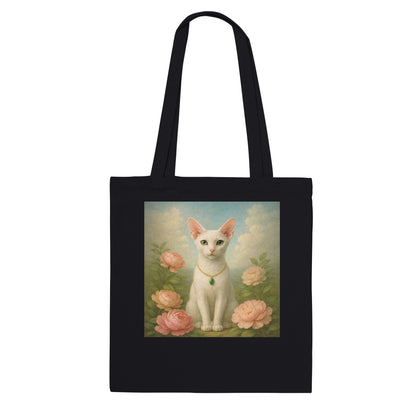 Black cotton tote bag with a white cat print displayed on a white background.