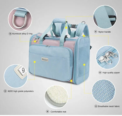 Blue pet carrier backpack with features highlighted on a grey background