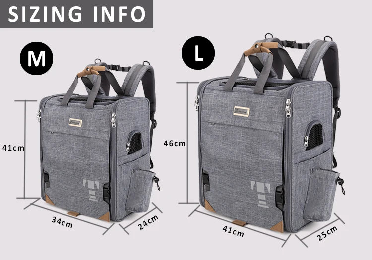 Grey pet carrier backpack with measurements for medium (M) and large (L) sizes on a white background.