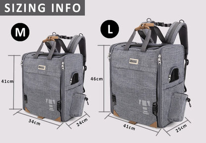 Grey pet carrier backpack with measurements for medium (M) and large (L) sizes on a white background.