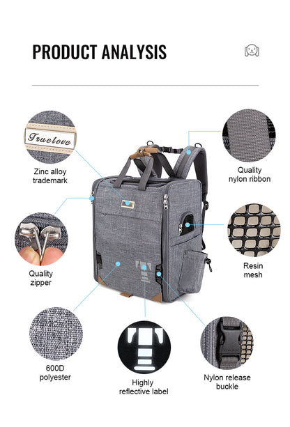 Grey pet carrier backpack with quality features highlighted on a white background