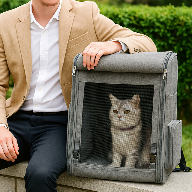 Person in a suit with a cat in a gray pet carrier outdoors.