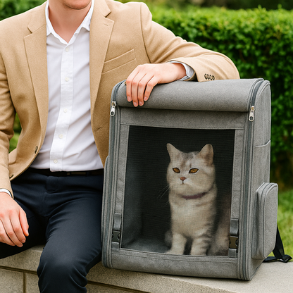 Person in a suit with a cat in a gray pet carrier outdoors.