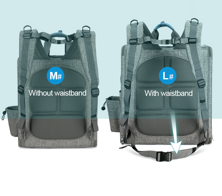 Grey pet carrier backpack with and without waistband on a light blue background