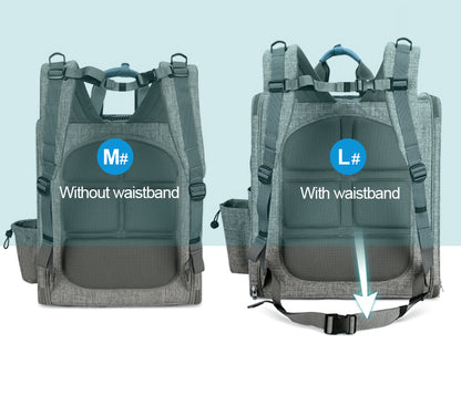 Grey pet carrier backpack with and without waistband on a light blue background