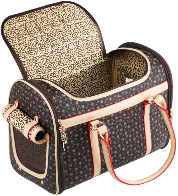 Pet carrier with leopard print interior on a white background