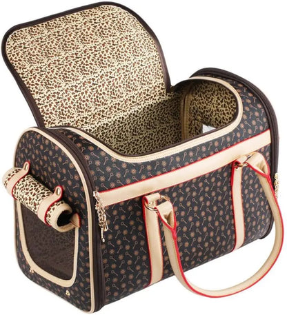Pet carrier with leopard print interior on a white background