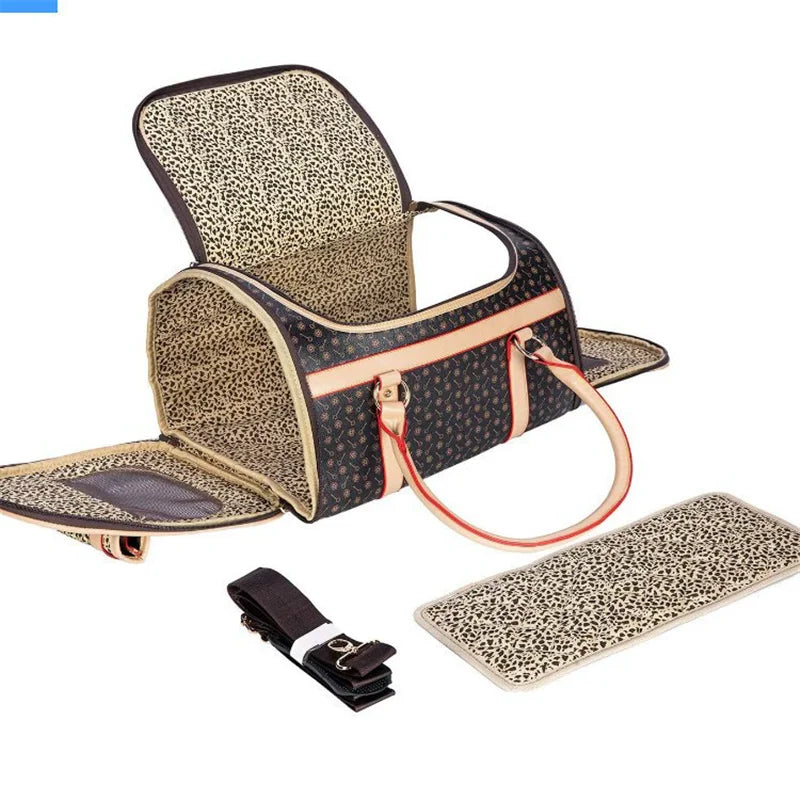 Pet carrier with leopard print and matching mat on a white background
