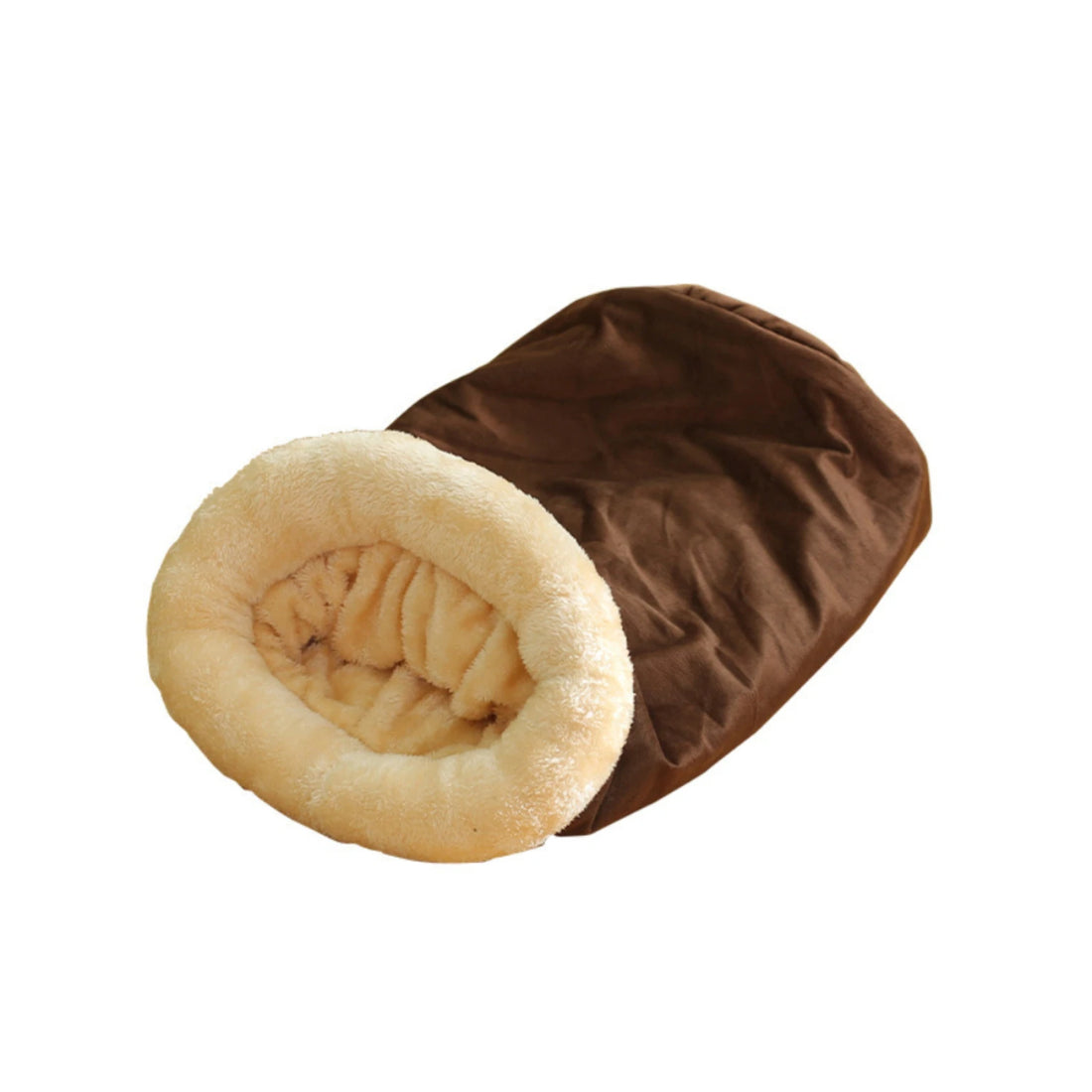 Warm sleeping bag for cats displayed on a white backround.