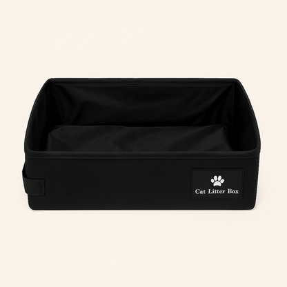 Black portable foldable cat litter box displayed on a white background.