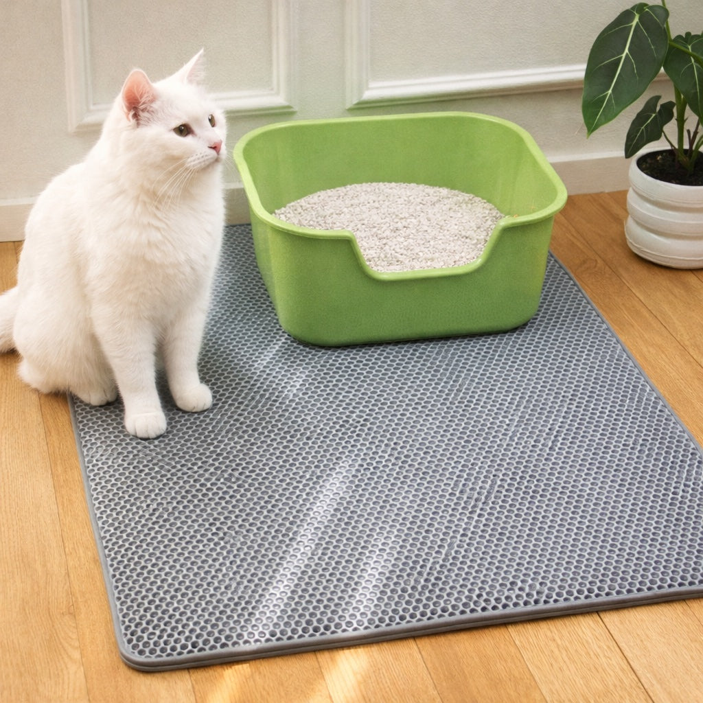 White cat sitting on a grey mat next to a green litter box indoors.